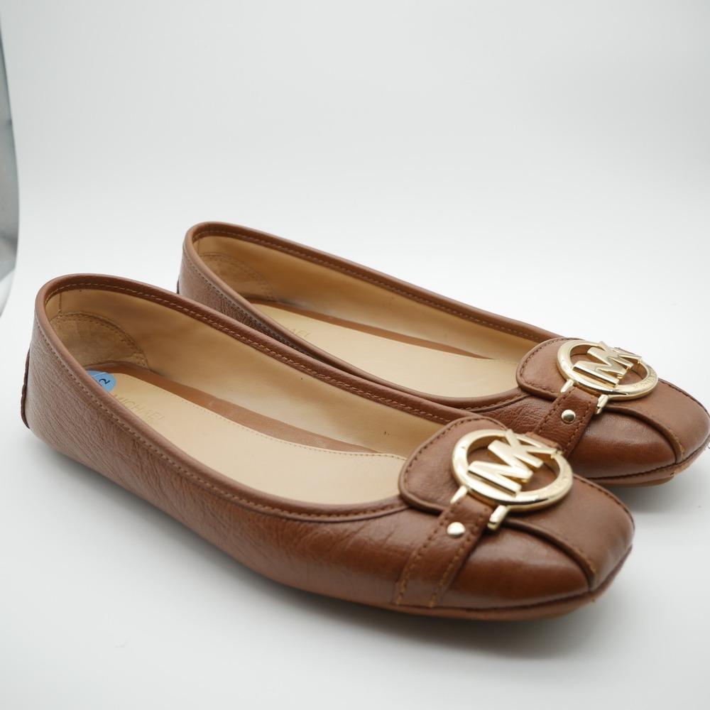 Michael Michael Kors Fulton‎ Moc Brown Leather Flats Gold MK Logo 7.5M ME18L